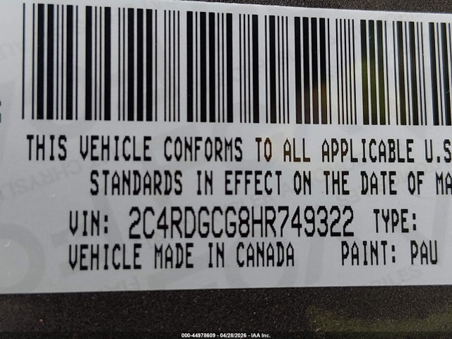 44978609 :رقم المزاد ، 2C4RDGCG8HR749322 vin ، 2017 Dodge Grand Caravan Sxt مزاد بيع