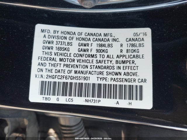 44978620 :رقم المزاد ، 2HGFC2F67GH551901 vin ، 2016 Honda Civic Lx مزاد بيع
