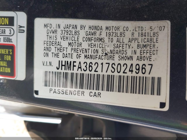 Aukcja sprzedaży 2007 Honda Civic Hybrid, vin: JHMFA36217S024967, numer aukcji: 44978619