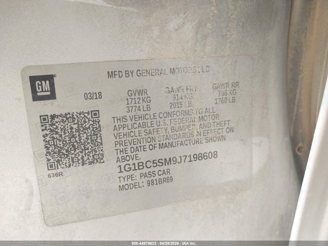 44978623 :رقم المزاد ، 1G1BC5SM9J7198608 vin ، 2018 Chevrolet Cruze Ls Auto مزاد بيع