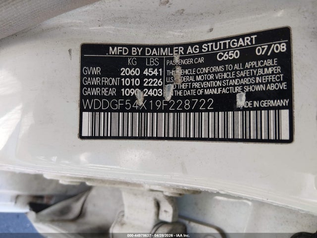 Aukcja sprzedaży 2009 Mercedes-benz C 300 Sport, vin: WDDGF54X19F228722, numer aukcji: 44978637