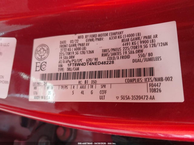 44978640 :رقم المزاد ، 1FT8W4DT4NED48228 vin ، 2022 Ford F-450 Xlt مزاد بيع