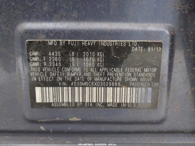 44978643 :رقم المزاد ، 4S3BMBC6XD3029888 vin ، 2013 Subaru Legacy 2.5i Premium مزاد بيع