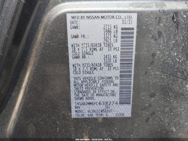Aukcja sprzedaży 2015 Nissan Pathfinder Sv, vin: 5N1AR2MM6FC638274, numer aukcji: 44978649