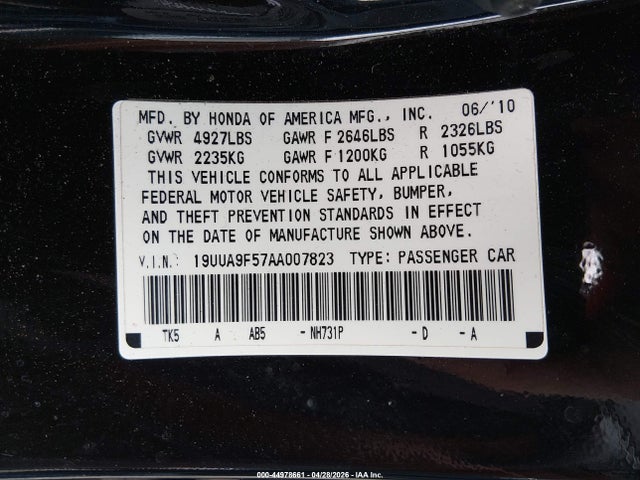 Aukcja sprzedaży 2010 Acura Tl 3.7, vin: 19UUA9F57AA007823, numer aukcji: 44978661