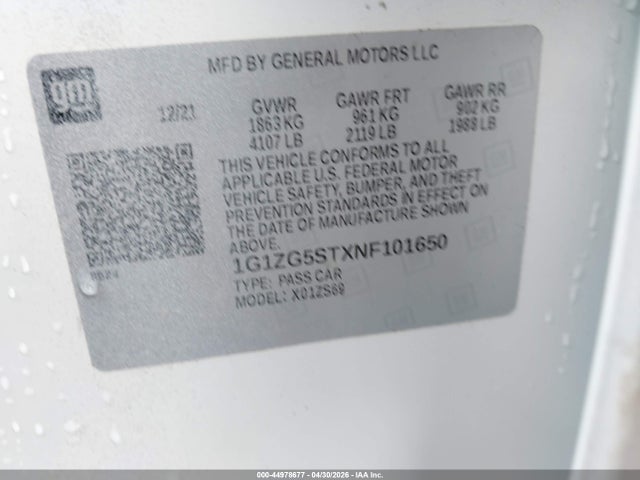 2022 Chevrolet Malibu Fwd Rs მანქანა იყიდება აუქციონზე, vin: 1G1ZG5STXNF101650, აუქციონის ნომერი: 44978677