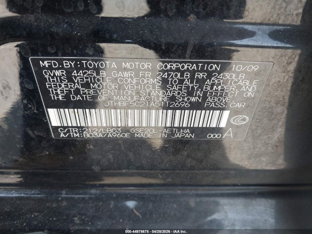 44978678 :رقم المزاد ، JTHBF5C21A5112696 vin ، 2010 Lexus Is 250 مزاد بيع