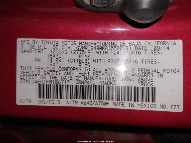 44978681 :رقم المزاد ، 3TMLU4EN1FM168717 vin ، 2015 Toyota Tacoma Base V6 مزاد بيع