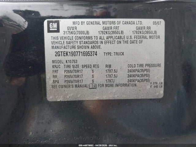 Aukcja sprzedaży 2007 Gmc Sierra 1500 Sle1, vin: 2GTEK190771695374, numer aukcji: 44978692