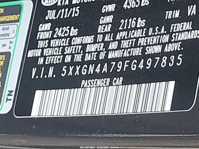 Aukcja sprzedaży 2015 Kia Optima Ex, vin: 5XXGN4A79FG497835, numer aukcji: 44978694