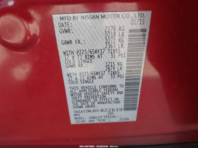 Aukcja sprzedaży 2015 Nissan Rogue S, vin: 5N1AT2ML8FC822639, numer aukcji: 44978698