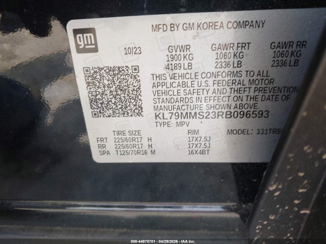 Aukcja sprzedaży 2024 Chevrolet Trailblazer Fwd Ls, vin: KL79MMS23RB096593, numer aukcji: 44978701