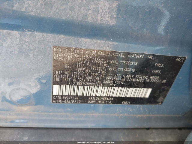 44978709 :رقم المزاد ، 4T3T6RFVXNU093258 vin ، 2022 Toyota Rav4 Hybrid Se مزاد بيع