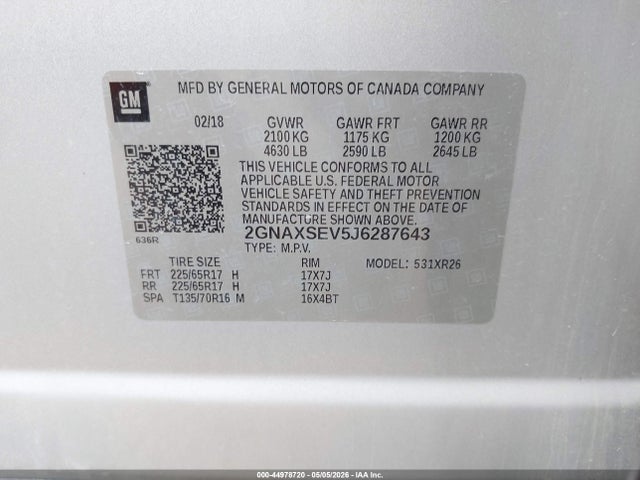 2018 Chevrolet Equinox Lt მანქანა იყიდება აუქციონზე, vin: 2GNAXSEV5J6287643, აუქციონის ნომერი: 44978720