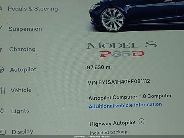 44978727 :رقم المزاد ، 5YJSA1H40FF081112 vin ، 2015 Tesla Model S 85d/p85d مزاد بيع
