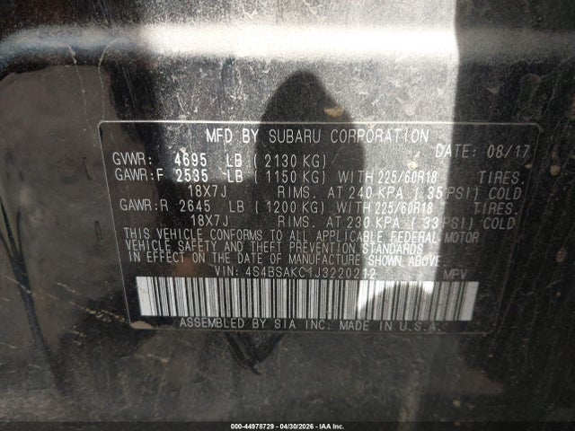 Продажа на аукционе авто 2018 Subaru Outback 2.5i Limited, vin: 4S4BSAKC1J3220212, номер лота: 44978729
