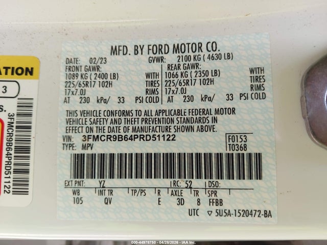 Aukcja sprzedaży 2023 Ford Bronco Sport Big Bend, vin: 3FMCR9B64PRD51122, numer aukcji: 44978750