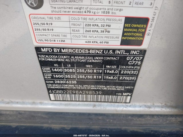 Продажа на аукционе авто 2008 Mercedes-benz Ml 320 Cdi 4matic, vin: 4JGBB22E98A298539, номер лота: 44978757