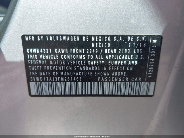 44978764 :رقم المزاد ، 3VWD17AJ3FM261463 vin ، 2015 Volkswagen Jetta 1.8t Se مزاد بيع