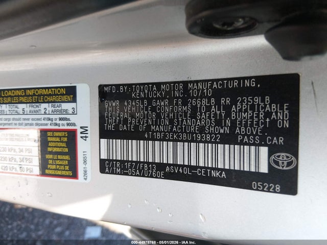44978768 :رقم المزاد ، 4T1BF3EK3BU193822 vin ، 2011 Toyota Camry Le مزاد بيع