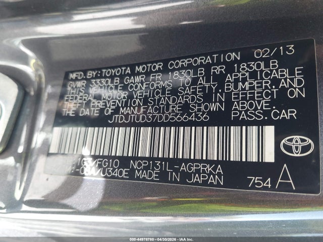 Aukcja sprzedaży 2013 Toyota Yaris Le, vin: JTDJTUD37DD566436, numer aukcji: 44978780