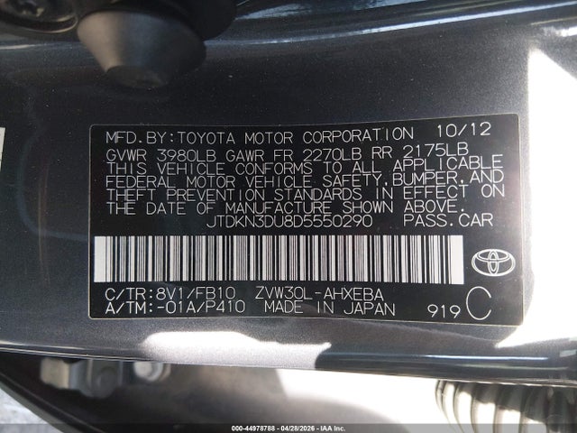 44978788 :رقم المزاد ، JTDKN3DU8D5550290 vin ، 2013 Toyota Prius Three مزاد بيع