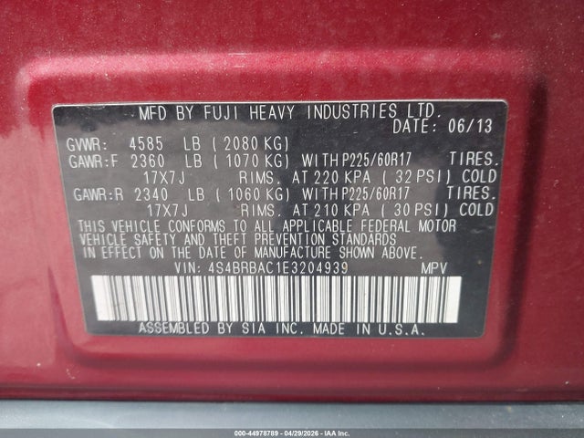 2014 Subaru Outback 2.5i მანქანა იყიდება აუქციონზე, vin: 4S4BRBAC1E3204939, აუქციონის ნომერი: 44978789