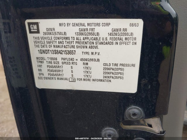Продаж на аукціоні авто 2004 Chevrolet Trailblazer Lt, vin: 1GNDT13S842153657, номер лоту: 44978791