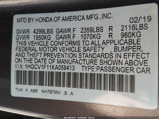 1HGCV1F11KA058413 Honda ACCORD LX