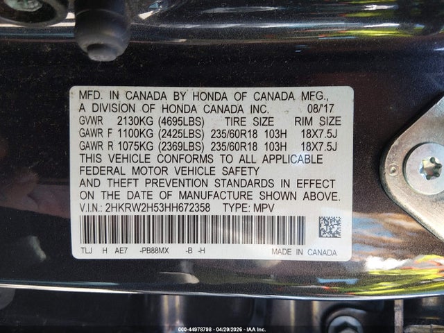 Aukcja sprzedaży 2017 Honda Cr-v Ex, vin: 2HKRW2H53HH672358, numer aukcji: 44978798