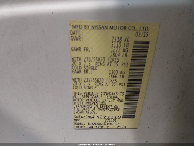 Продаж на аукціоні авто 2015 Nissan Murano Platinum, vin: 5N1AZ2MG4FN221119, номер лоту: 44978802