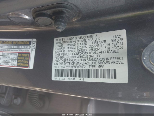 44978805 :رقم المزاد ، 7FARW2H98NE006002 vin ، 2022 Honda Cr-v Awd Touring مزاد بيع