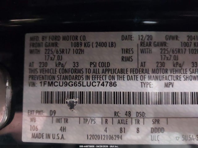 2020 Ford Escape Se მანქანა იყიდება აუქციონზე, vin: 1FMCU9G65LUC74786, აუქციონის ნომერი: 44978808
