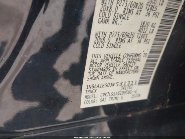 44978816 :رقم المزاد ، 1N6AA1E50JN531311 vin ، 2018 Nissan Titan Sv مزاد بيع