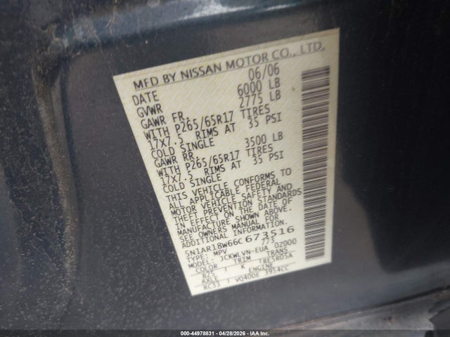 Aukcja sprzedaży 2006 Nissan Pathfinder Le, vin: 5N1AR18W66C673516, numer aukcji: 44978831
