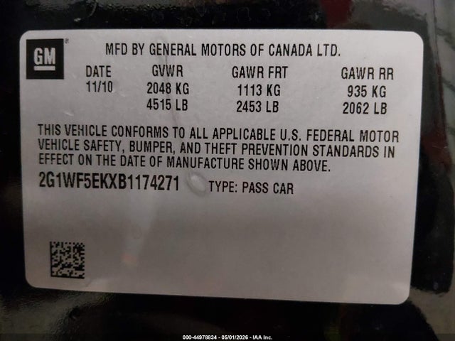 44978834 :رقم المزاد ، 2G1WF5EKXB1174271 vin ، 2011 Chevrolet Impala Ls مزاد بيع