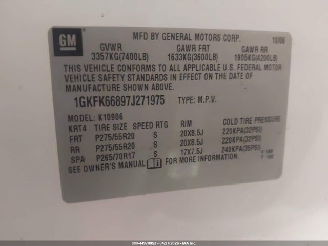 44978853 :رقم المزاد ، 1GKFK66897J271975 vin ، 2007 Gmc Yukon Xl 1500 Denali مزاد بيع