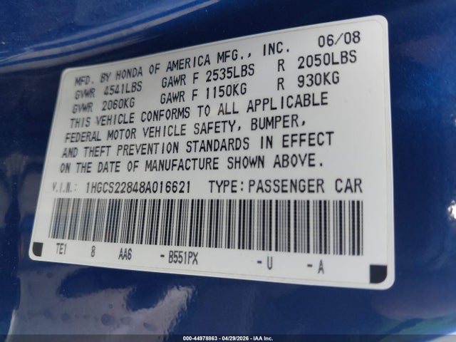 2008 Honda Accord 3.5 Ex-l მანქანა იყიდება აუქციონზე, vin: 1HGCS22848A016621, აუქციონის ნომერი: 44978863