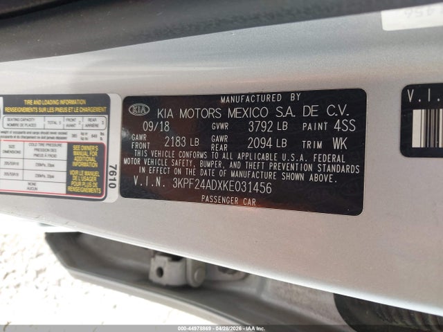 44978869 :رقم المزاد ، 3KPF24ADXKE031456 vin ، 2019 Kia Forte Lxs مزاد بيع
