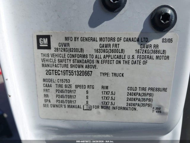Продаж на аукціоні авто 2005 Gmc Sierra 1500 Sle, vin: 2GTEC19T551320667, номер лоту: 44978872