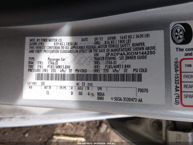 2013 Ford Fiesta S მანქანა იყიდება აუქციონზე, vin: 3FADP4AJ0DM144250, აუქციონის ნომერი: 44978875