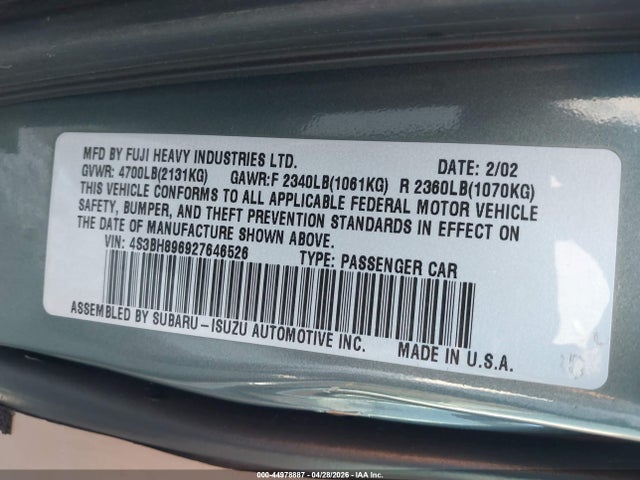2002 Subaru Outback H6-3.0 Vdc მანქანა იყიდება აუქციონზე, vin: 4S3BH896927646526, აუქციონის ნომერი: 44978887