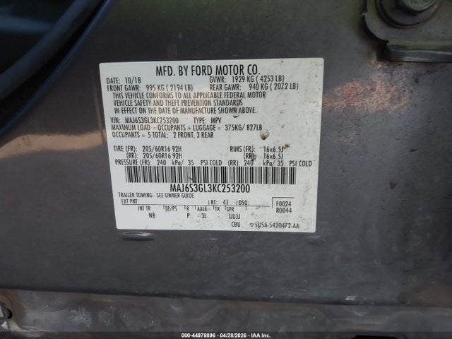 Продаж на аукціоні авто 2019 Ford Ecosport Se, vin: MAJ6S3GL3KC253200, номер лоту: 44978896