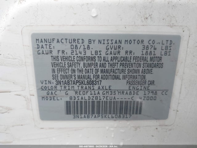 Продажа на аукционе авто 2019 Nissan Sentra Sv, vin: 3N1AB7AP5KL608317, номер лота: 44978900