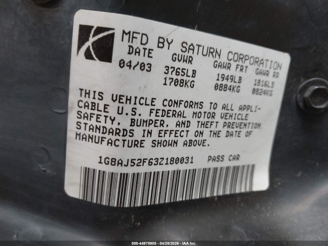 Продаж на аукціоні авто 2003 Saturn Ion 2, vin: 1G8AJ52F63Z180031, номер лоту: 44978905