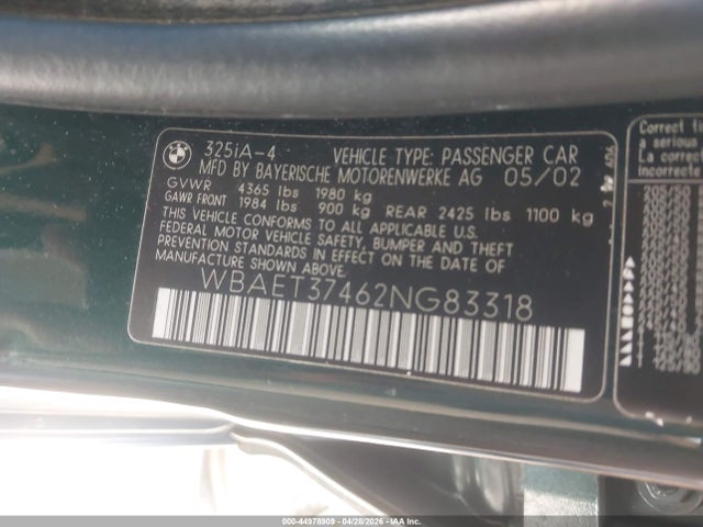44978909 :رقم المزاد ، WBAET37462NG83318 vin ، 2002 Bmw 325i مزاد بيع