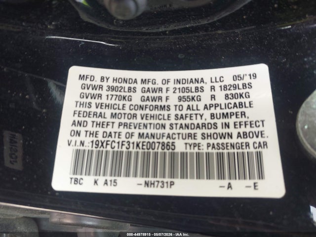 Aukcja sprzedaży 2019 Honda Civic Ex, vin: 19XFC1F31KE007865, numer aukcji: 44978915
