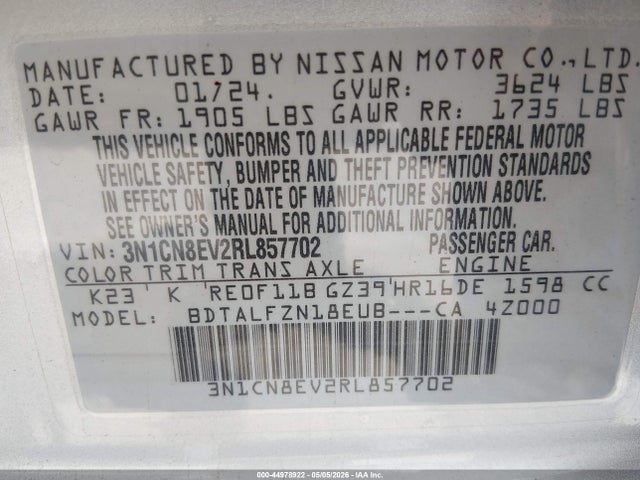 Aukcja sprzedaży 2024 Nissan Versa 1.6 Sv, vin: 3N1CN8EV2RL857702, numer aukcji: 44978922