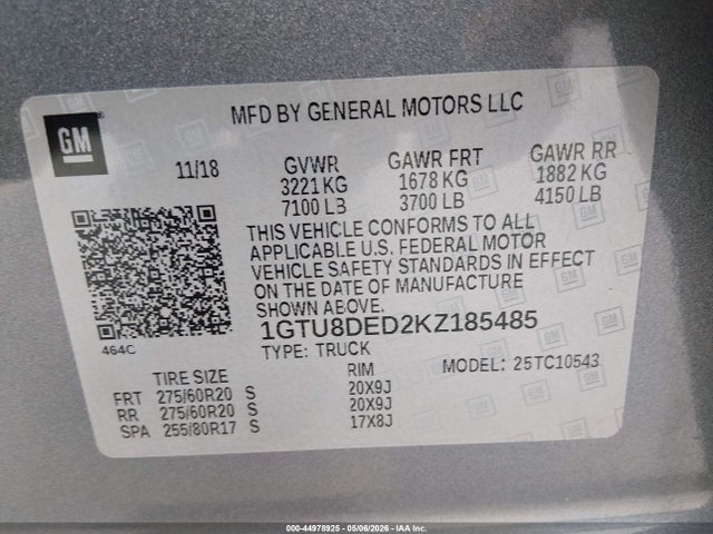 Продажа на аукционе авто 2019 Gmc Sierra 1500 Slt, vin: 1GTU8DED2KZ185485, номер лота: 44978925