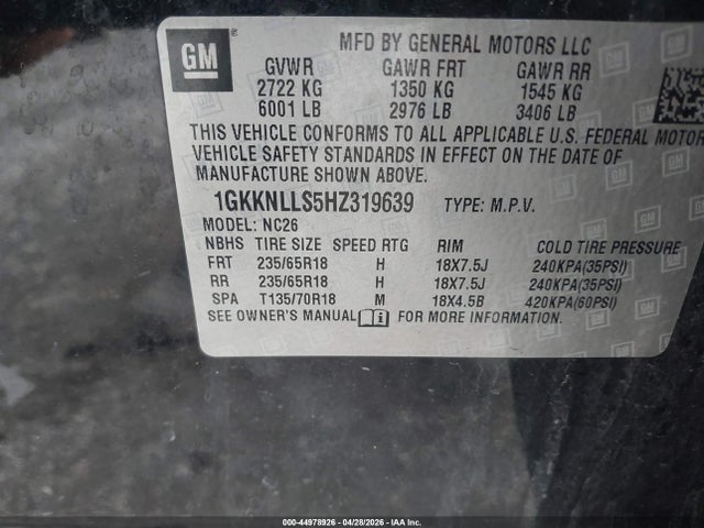 44978926 :رقم المزاد ، 1GKKNLLS5HZ319639 vin ، 2017 Gmc Acadia Sle-2 مزاد بيع